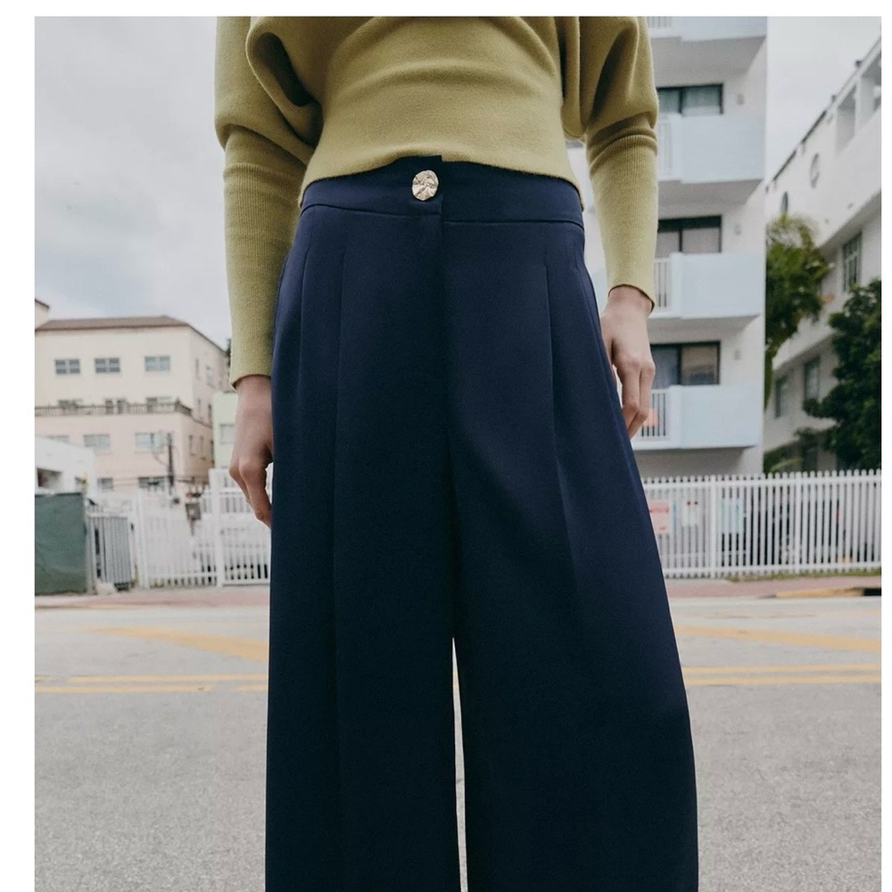 Zara Navy Wide-Leg Satin Pants - Picture 2 of 8